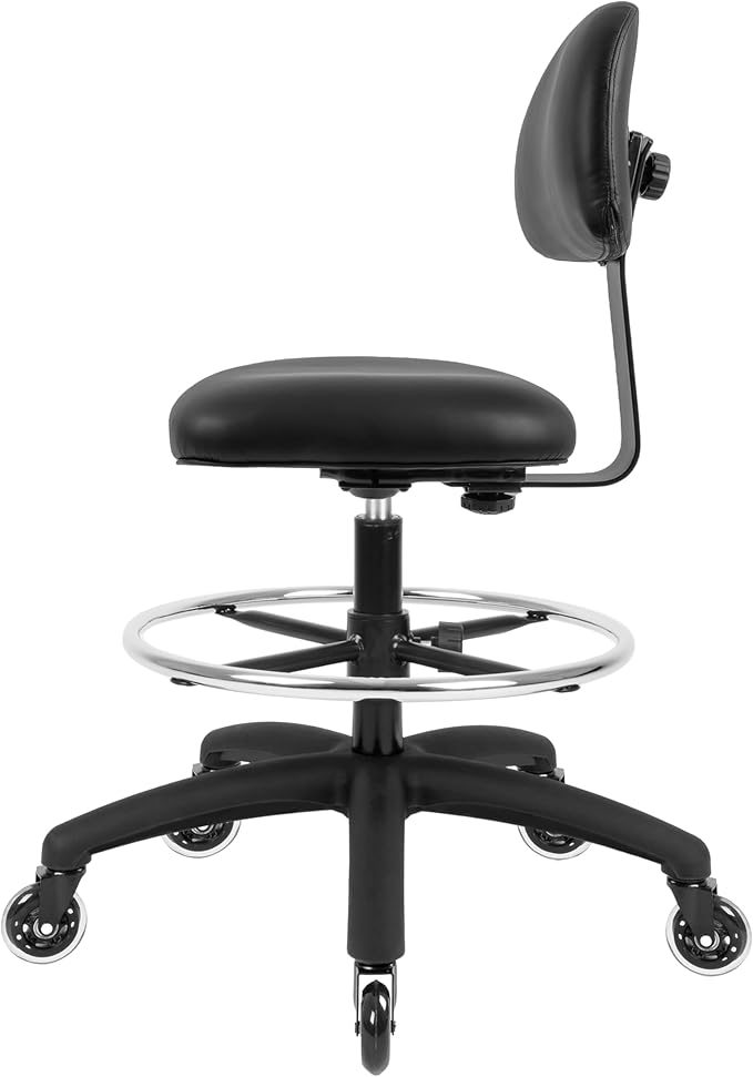 Chair Master FSS Series Square seat Tall (25"-35") seat Height Chair. Vinyl-for Office, Garage, Desk, Shop, Computer, Doctor, Medical, Easy to Clean! 18" Footring (Black, Tall, Rubber Roller Casters)