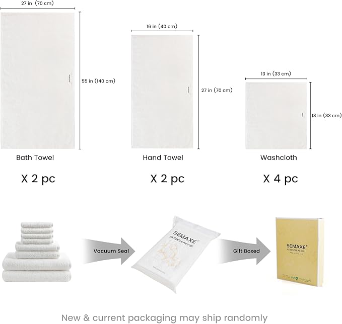 SEMAXE Bath Towel Set, 8 Piece Towel Set for Bathroom, Quick Dry Cotton Towels with Hanging Loops, Easy Care, White