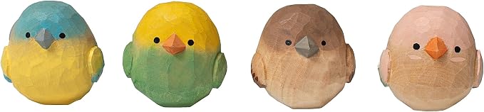 Hand-Carved Wooden Bird Figurines Set of 4 – Rustic Colorful Mini Birds Statues for Farmhouse Tabletop Décor, Cottage Chic Ornaments, Spring Decorations & Gift for Bird Lovers