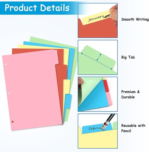 Binder Dividers - 1/5 Cut Tabs for 3 Ring Binders | Colorful Blank Write-On Page Dividers, 20 Total
