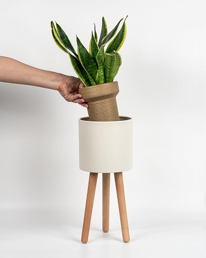 Bamworld Single Plant Holder for Indoor Plants Metal Planter Stand Wooden Leg White Plant Stand Indoor Flower Pot Stand 7in Plant Pot with Stand for Living Room Office Bedroom Decor Modern Home Decor Small
