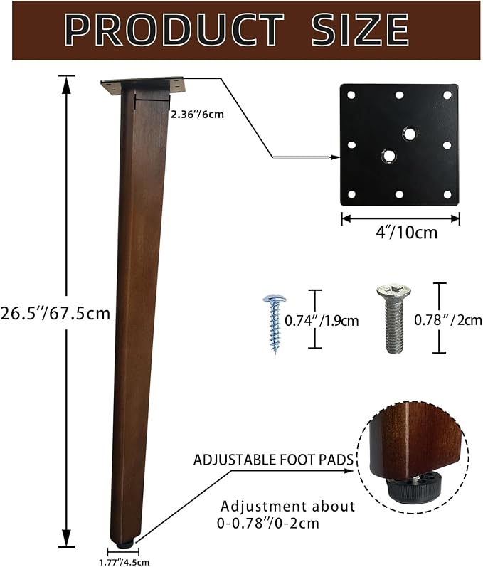 QLLY 26 inch Slant Wooden Table Legs, Solid Wood Angled Desk Legs, Furniture Legs, Set of 4, Easy to Install - Perfect for DIY Dining Tables, Coffee Tables, and Benches (Dark Walnut, 26")