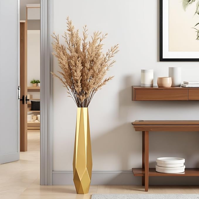 Tall Vases - 27.5" Tall Floor Vase for Home Decor, Resin Floor Vase with Handmade Dimensional Geometric Style, Fits Into Hay/Pampas Grass, Boho Living Room Decor (Gold)