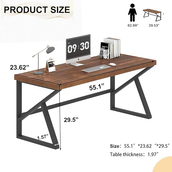 IBF Solid Real Wood 55 Inch Computer Desk, Rustic Writing Study Table for Student, Natural Wooden and Metal Gaming Home Office Desk, Farmhouse Industrial Modern Executive Work Desk Workstation, Brown