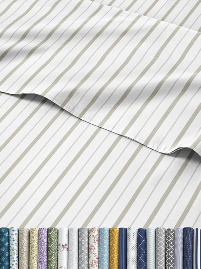 Striped Sheets - Light Grey & White Striped Sheets - 1 Flat & 1 Fitted & 2 Pillowcases w/ Deep Pockets – Wrinkle & Fade Free - Soft, Breathable & Cooling – Luxury Pinstripe Bedding - Full Size Bed Set