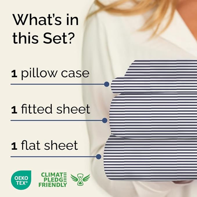 Blue and White Striped Sheets - 1 Flat & 1 Fitted Sheet & 1 Pillowcase w/ Deep Pockets - Cozy, Wrinkle & Fade Resistant - Ultra-Soft, Breathable and Cooling - Luxury Pinstripe Bedding - Twin Size