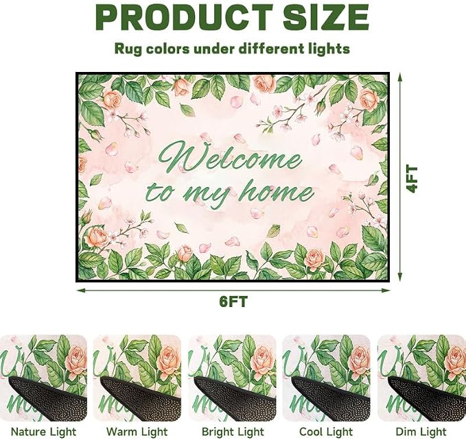 Welcome Rug Floral Area Rug for Bedroom Living Room Nursery Playroom Classroom Home Decor Pink Rose Green Leaf Carpet Non-Slip Washable Floor Mat,4'x6'