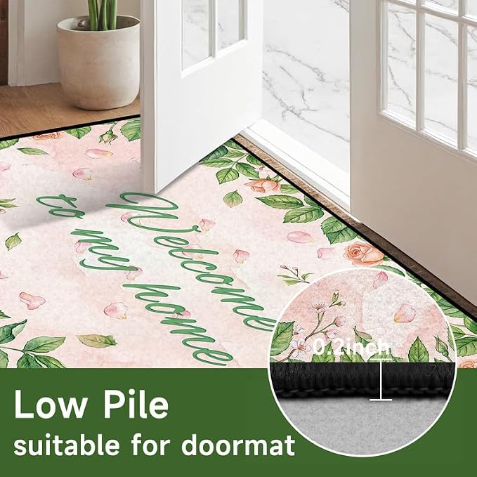 Welcome Rug Floral Area Rug for Bedroom Living Room Nursery Playroom Classroom Home Decor Pink Rose Green Leaf Carpet Non-Slip Washable Floor Mat,4'x6'