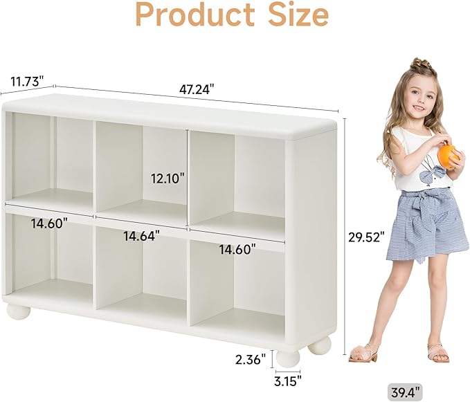 ONBRILL Wooden Bookcase with 6 Cube Storage, Kids Bookshelf with Sphere Foot, Sturdy Toy Storage Organizer, Safe Rounded Corners Bookcase for Living Room, Playroom, Nursery (White)