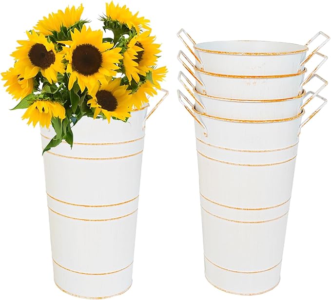 10" Tall Flower Buckets Metal Vase - Pack of 5 Rustic Farmhouse Centerpiece Vases for Table with Handles, Wedding Home Table Decor, Farmhouse White Flower Bar Bucket Holder