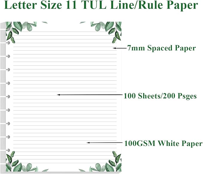 A4 TUL Discbound Lined Refill Paper, 11-Disc Discbound Ruled Filler Paper, 100Sheets / 200Pages Loose-Leaf Line Paper, 100gsm White Paper, 8.5'' x 11'', Leaf