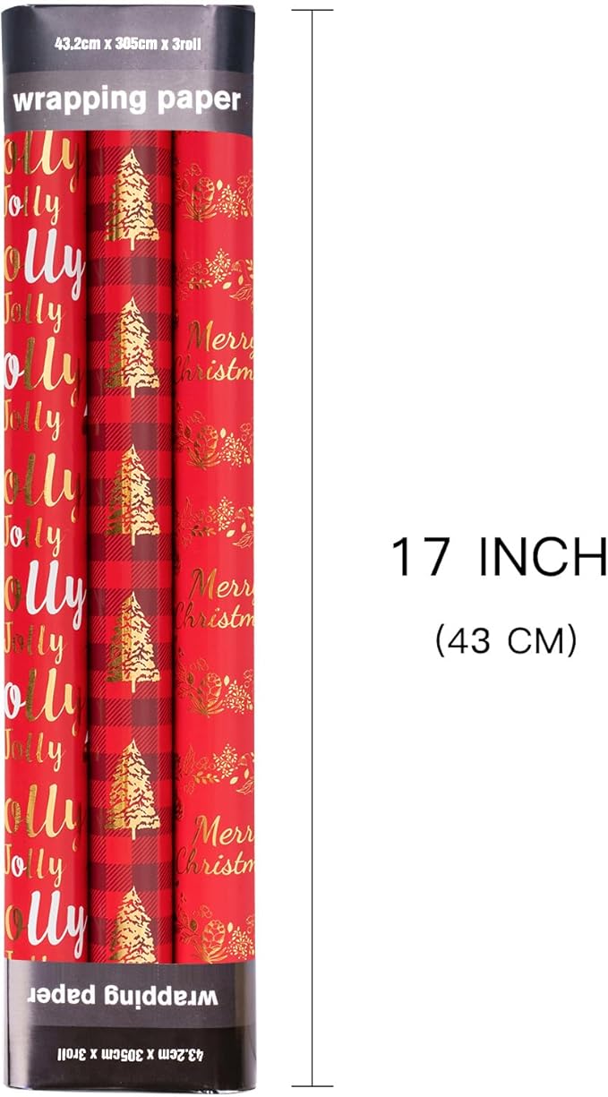 LeZakaa Red Gold Christmas Wrapping Paper Mini Roll, Christmas Tree Buffalo Plaid, Holly Jolly, Wreath Metallic Foil Holiday Gift Wrap, Arts Craft, for Xmas Winter Party, 17 x 120 inches, 3 Rolls