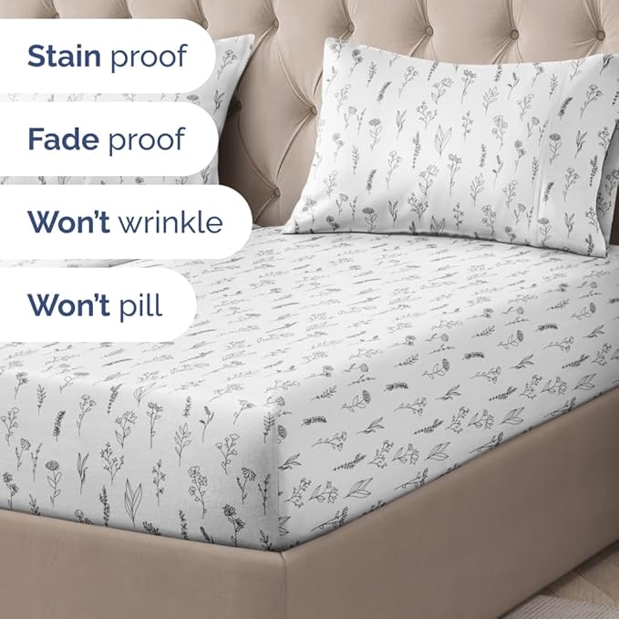 Floral Sheets - Black & White Floral Bed Sheet Set - 1 Flat, 2 Fitted & 2 Pillowcases w/ Deep Pockets - Wrinkle & Fade Free - Boho Botanical Bedding - Soft, Breathable & Cooling - Split King Size Set