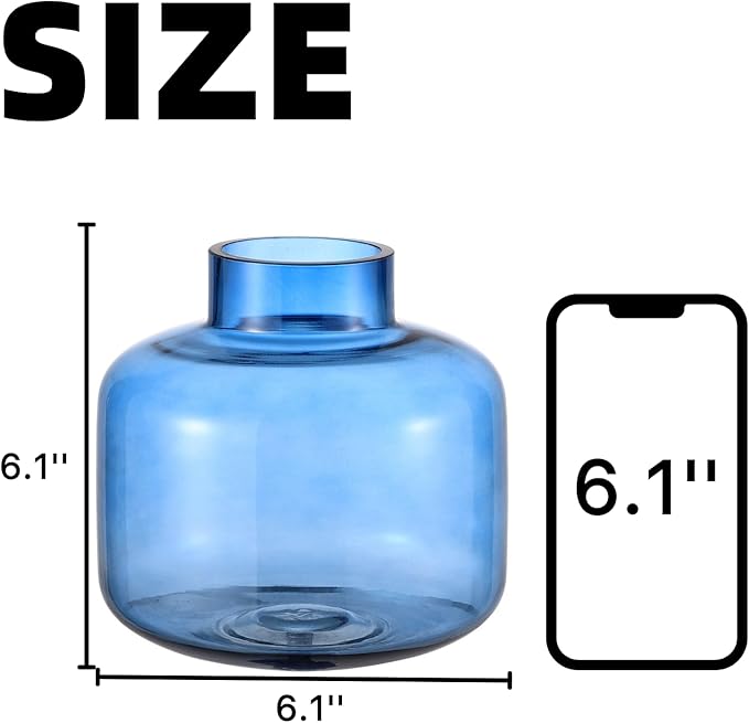 Short Glass Vase, Blue Glass Vase, Short Flower Vase, Round Glass Vase, Small Glass Vases for Flowers, 6 Inch Glass Flower Vases for Living Room, Dining Table, Wedding, Bookshelf, Office Decor