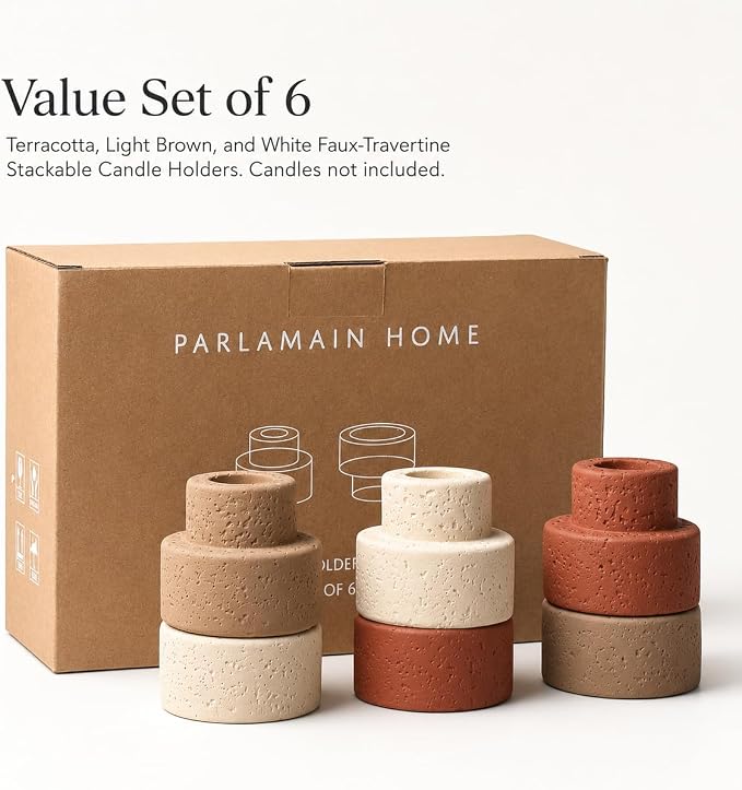 Set of 6 Concrete Candle Holders - Reversible Faux Travertine for 7/8" Taper & 1.5" Tealights, Stackable Heavyweight Minimalist Table Decor with Neutral Colors, Candles Not Included