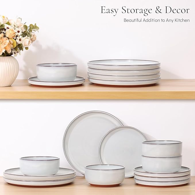 E-far Stoneware Dinnerware Sets for 2, 6 Pieces Reactive Glaze Plates and Bowls Sets, Elegant Dishes with Rustic Terracotta Base, Dishwasher & Microwave Safe, Scratch Resistant, Glacier White