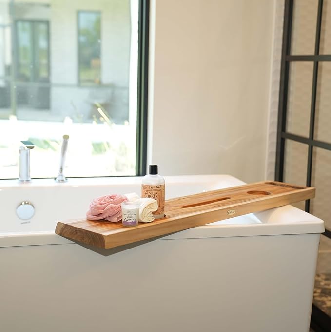 EcoDecors Eleganto 36" Live Edge Solid Teak Bath Caddy Tray with Handle, Book & Tablet Holder, Wine Glass Holders, Luxury Bathtub Tray