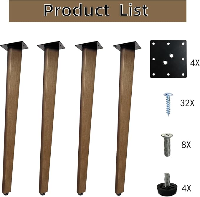 QLLY 28 inch Solid Wood Table Legs, Walnut Finish Wooden Desk Legs with Adjustable Leveling Feet, Set of 4, Heavy Duty Replacement Legs for for DIY Dining Table, Office Desk, Farmhouse Furniture