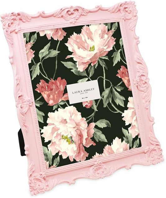 Laura Ashley 8x10 Pink Ornate Textured Hand-Crafted Resin Picture Frame with Easel & Hook for Tabletop & Wall Display, Decorative Floral Design Home Décor, Photo Gallery, Art, More (8x10, Pink)