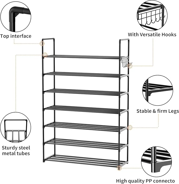 HOMICKER Metal Shoe Organizer,7 Tiers Shoe Storage Shoe Rack with Hooks,Fit 24-30 Pairs,Adjustable Shoe Shelf for Entryway,Hallway,Bedroom,Metal Bottom Support