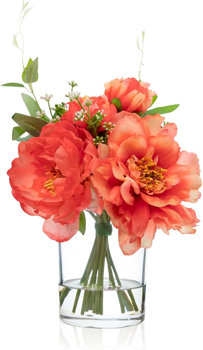 WELL KNOWN Artificial Flowers in Glass Vase with Fake Water, Silk Peony Flower Bouquet for Home Dinning Tea Table, Office Desktop, Hotel, Wedding, Party, Lavatory Decor & Gift (Coral and Orange)