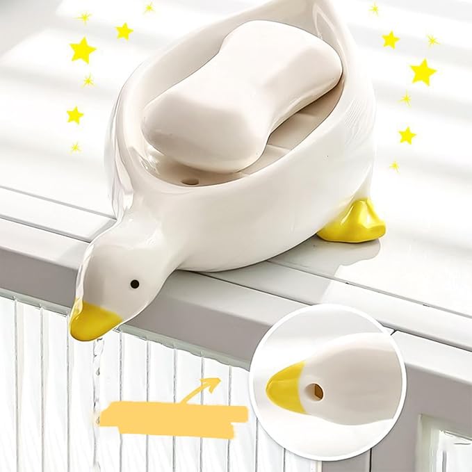 1 Pack Duck Ceramic Soap Dishes,Soap Holder with Drain,Soap Dish Container,Dish Soap Tray,Sponge Holder,Soap Tray for Shower,Bathroom,Bar,Kitchen,Counter (Duck), White