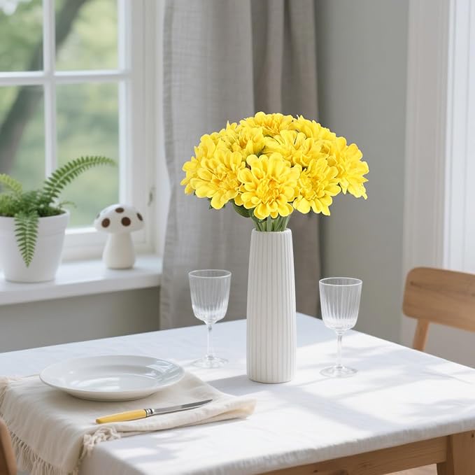 IPOPU Faux Chrysanthemum Flowers 10pcs PU Dahlia Flowers 13inch Artificial Yellow Chrysanthemum Flower Fake Mums Flower for Home Wedding Office Table Centerpiece Floral Arrangement Decor(Yellow)