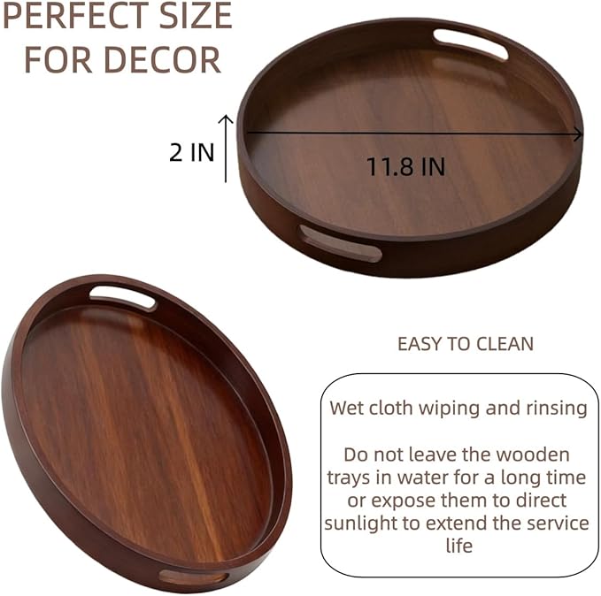 11.8 Inch Rustic Wood Serving Tray with Handles-Small Round, Decorative Tray for Kitchen Living Room Coffee Table Candle Display Breakfast in Bed, Multi-Functional Food & Beverage Tray Farmhouse Style