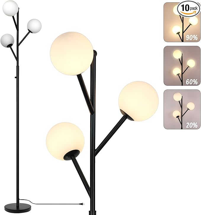 Ldeco 3-Globe Mid Century Black Tree Floor Lamp for Living Room,70in Tall Modern Stepless Dimmable Standing Lamp with Frosted Glass Shade for Office Bedroom, Study Room Bulbs Included(dimmer-Black)