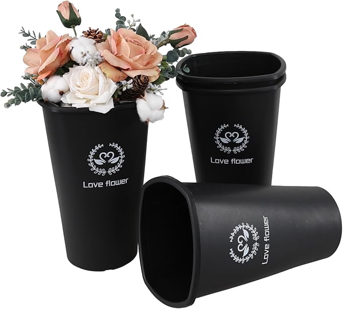 12 Inch Floral Plastic Bucket with Cut Out Handle, 4-Pack Tall Plastic Flower Buckets, Black