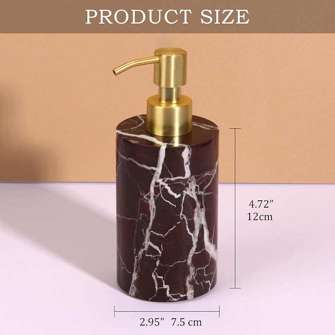 Natural Marble Soap Dispenser for Bathroom and Kitchen Countertop - 5.41 Ounces Hand Lotion and Liquid Stone Shampoo Laundry Bottle with Pump (1, Rosso Lepanto, Cylindrical Bottle)