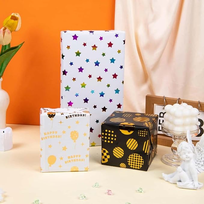 Linnoptimix Birthday Wrapping Paper Rolls -3 LARGE ROLL-27inch*78 inch per roll Colorful Foil wrapping paper (Birthday 1 White/Gold&1 Black/Gold &1White/Colorful Foil（012）)