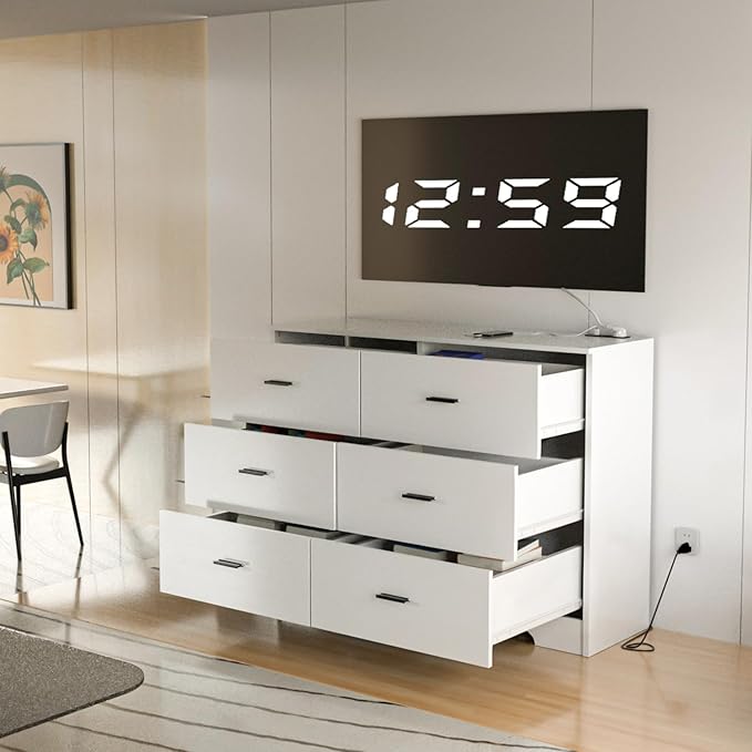 Dresser for Bedroom White Drawer with Power Outlets Wood 6 Drawer Dresser with Large Organizer Tall Modern Chest of Drawers Close for Bedroom Living Room Kids Room Hallway