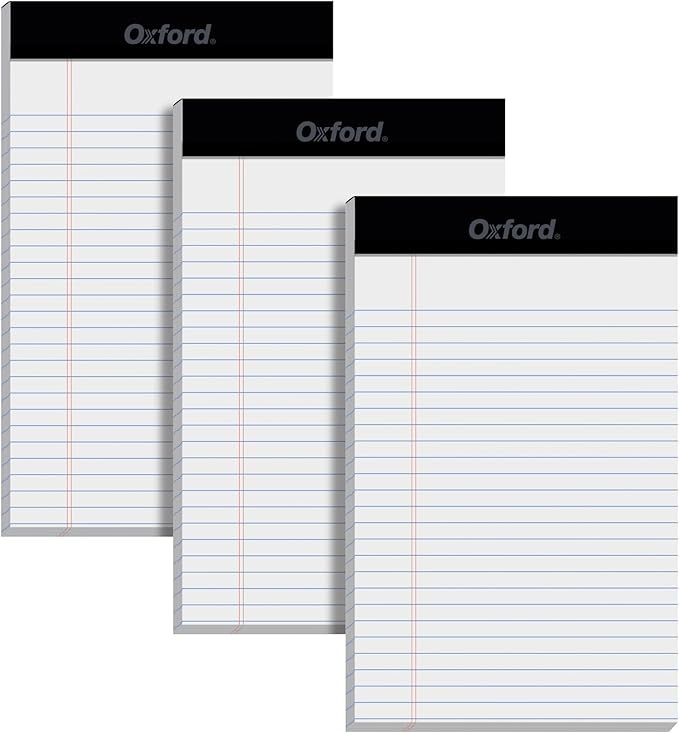 Oxford 5 x 8 Inch Legal Pads, 3 Pack, Narrow Ruled on Both Sides, White Lined Paper, 50 Perforated Sheets Per Writing Pad, Proudly Made in the USA (1017034)