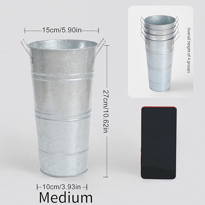 Notakia 10.62 Inch Galvanized Metal Vases Farmhouse French Flower Bucket Vases for Cut Flowers for Home Decor and Wedding Table Centerpiece Decorations (Medium Silver 4Pcs)