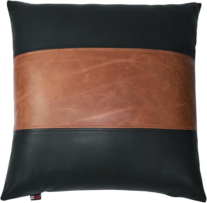 D DOLLY LAMB Lambskin Leather Pillow Cover - Sofa Cushion Case - Decorative Throw Covers for Living Room & Bedroom, 20x20 Inches - Black and Tan Crunch Plain