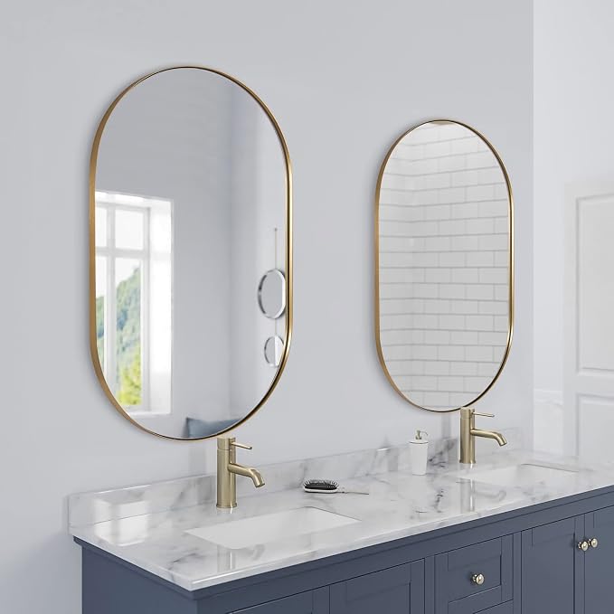 ANDY STAR Gold Oval Mirror, 24’’x36’’ Brass Mirror for Wall, Oval Mirrors for Bathroom in Stainless Steel Metal 1’’ Thin Frame Pill Shaped Hangs Vertical or Horizontal Ideal for Limited Space