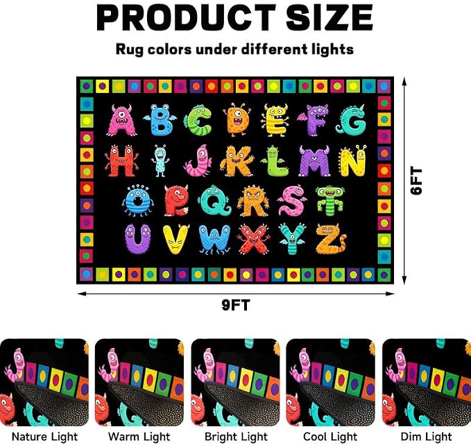 Alphabet Monster Area Rug for Kids 6'x9' Colorful ABC Learning Carpet Non Slip Educational Play Mat for Nursery Bedroom Playroom Classroom Living Room Home Decor