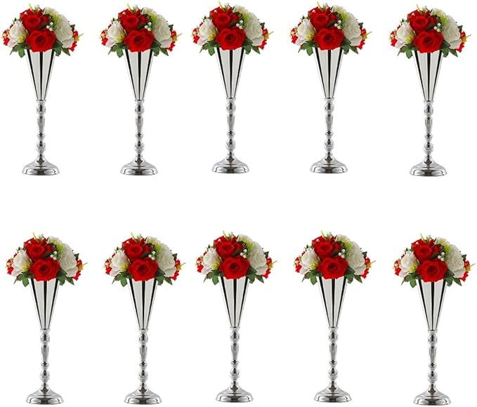 10pcs Tabletop Metal Wedding Flower Trumpet Vase Wedding Centerpiece Flower Vase for Wedding Event Decoration Living Decor Party Decor (Silver, 10×L)