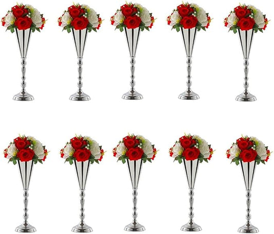 10pcs Tabletop Metal Wedding Flower Trumpet Vase Wedding Centerpiece Flower Vase for Wedding Event Decoration Living Decor Party Decor (Silver, 10×L)