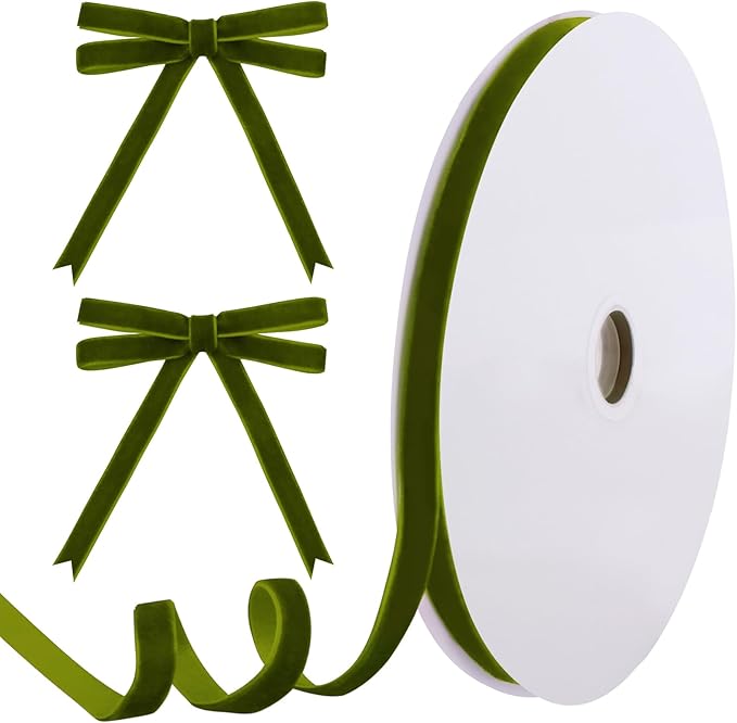 25 Yards Olive Green Velvet Ribbon 3/8 Inch for Christmas Tree,Green Velvet Christmas Ribbon for Gift Wrapping Crafts Bow Wreath Holiday Decorations (Olive Green)