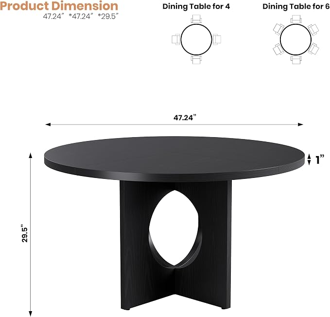Garvee 47" Round Dining Table for 4-6 People - Circle Kitchen Dinner Table with Sturdy Pedestal Base, Space Saving Dinning Room Furniture for Living Room, Kitchen, Apartment, Black