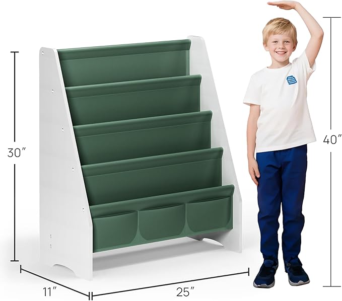 SEIRIONE Sturdy Kids Bookshelf,4-Tier Book Shelf for Kids Room with Tear-Proof Oxford Fabric-Nursery Room Playroom Classroom,Deep Slings to Keep Books Upright,Ideal Height for Toddler Age 3+, Green