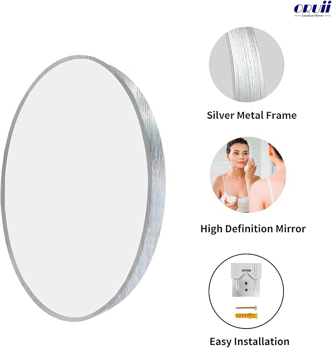 Oruii Silver Round Mirror, Round Mirror 24 inch Brushed Nickel, Circle Wall Mirrors Metal Frame, Silver Circular Mirrors for Bathroom, Wall, Living Room, Entryway, Hallway, Vanity, Rustic