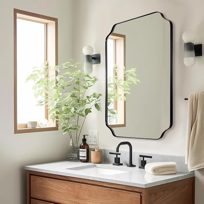 ANDY STAR Bathroom Vanity Mirror, 24x36 Inch Matte Black Mirror, Modern Rectangle Mirrors for Bathroom, Asymmetrical Wall Mirror with Scalloped Round Corner