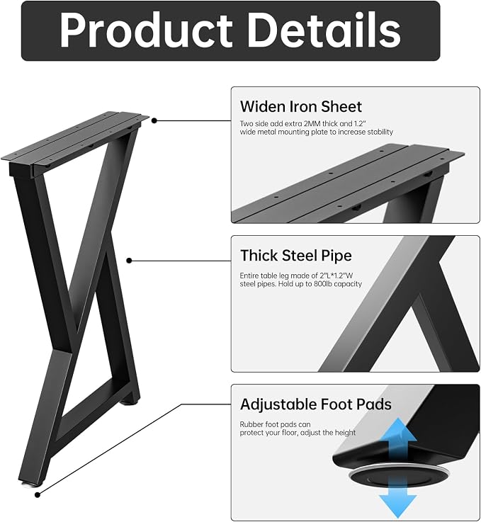 TOCRETOARE Metal Table Legs Heavy Duty, 28”H x 18”W, Metal Furniture Legs for Dining Desk Bench and Coffee Table, Industrial Black DIY Iron Bench Legs, Set of 2