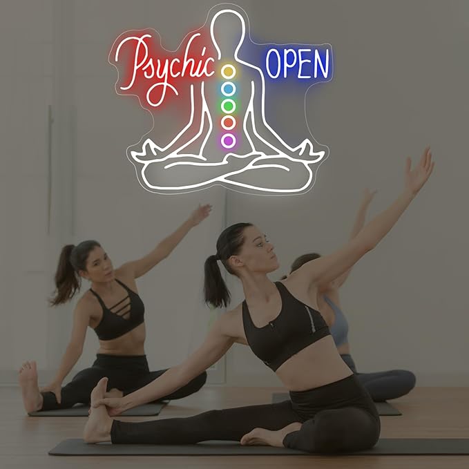 Psychic Open Neon Sign Charka Neon Light, Yoga Led Sign, Exercise Room Wall Decor, Buddha Lotus, Pilates Studio Art Meditation Room Wall Art Yoga Lover Gift, Psychic Chakras Healing Exercise, 20"*x17.3"