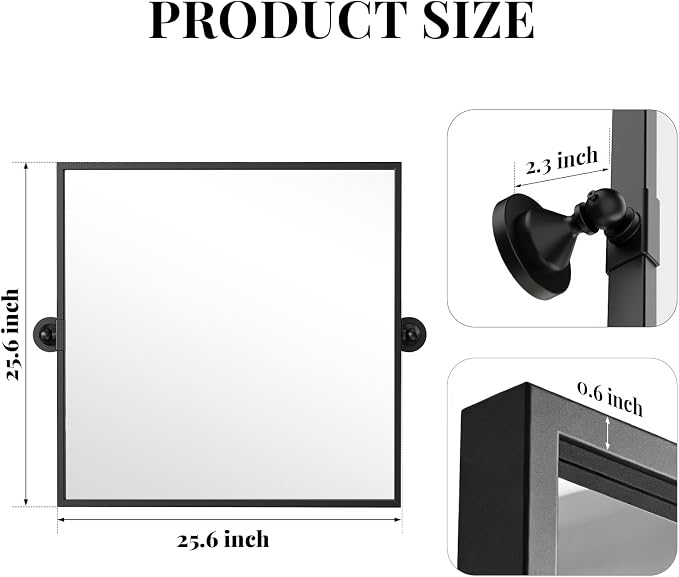 26"x26" Square Black Mirror,Pivot Mirror for Bathroom,Tilt Beveled Vanity Mirror,Metal Frame Piovting Mirror Hanging for Bedroom Entryway Living Room Farmhouse