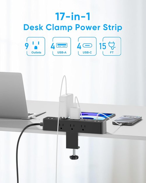 **Skiennix Flat Plug Desk Clamp Power Strip - 15FT Fast Charging Station with 9 AC Outlets & 8 USB Ports**