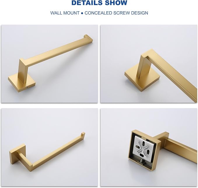 TASTOS Premium Stainless Steel Hand Towel Holder, Square Hand Towel Ring Heavy Duty Wall Mounted Modern Hand Towel Bar for Bathroom Kitchen, Brushed Gold